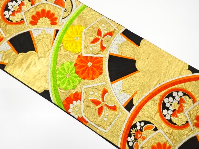 アンティーク　片輪車に花・蝶模様織り出し袋帯（材料）